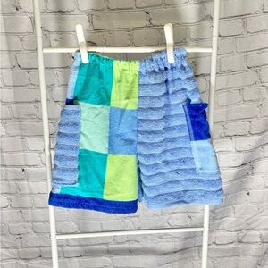 Towel shorts blue and green checkered pattern